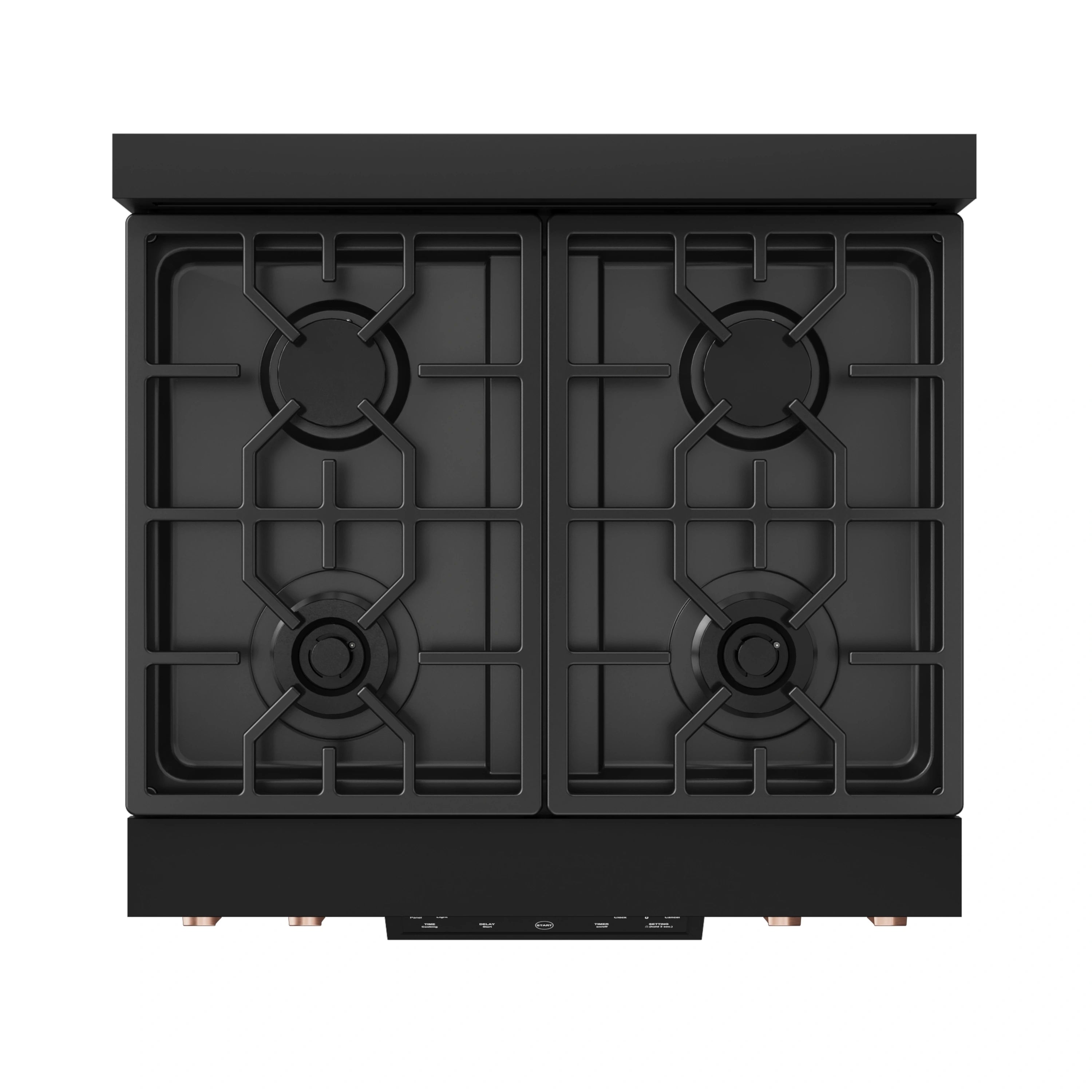 Black gas range cooktop with four burners and grates