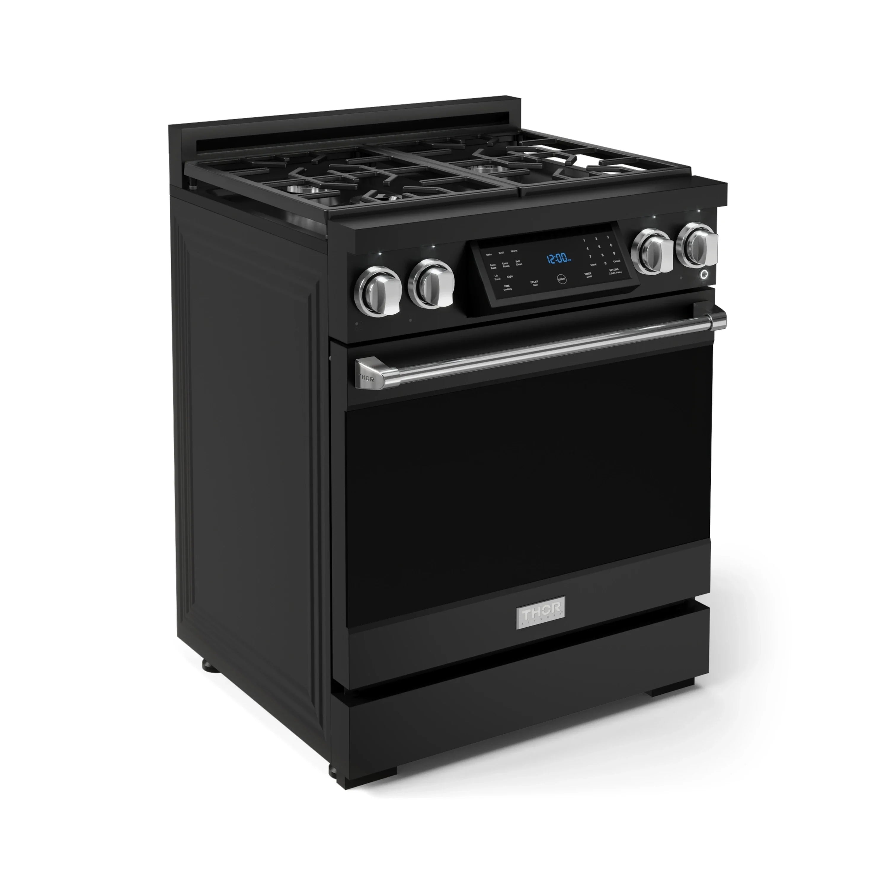 Black gas range with open oven door, stainless steel handle, and front control knobs