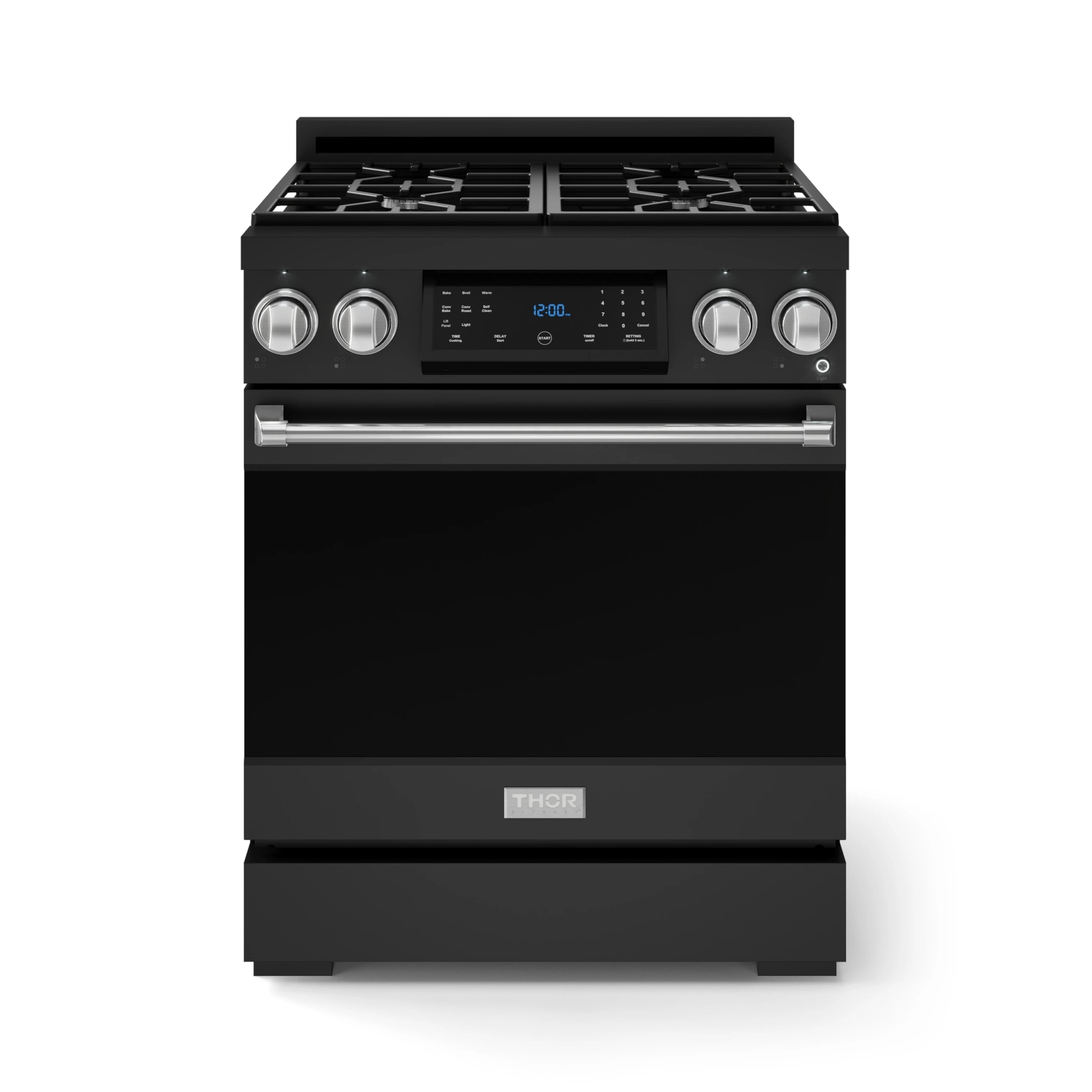 Black gas range with stainless oven handle, four burners, and tilt touch control