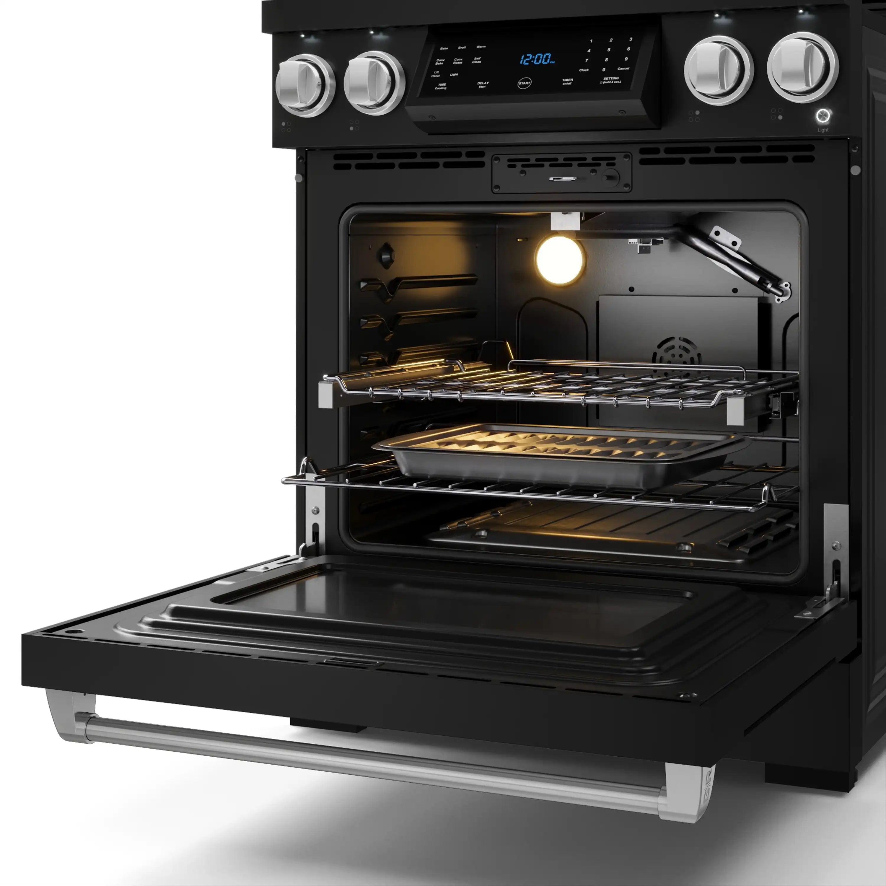 Black gas range with oven door open, bake rack and burner grates inside