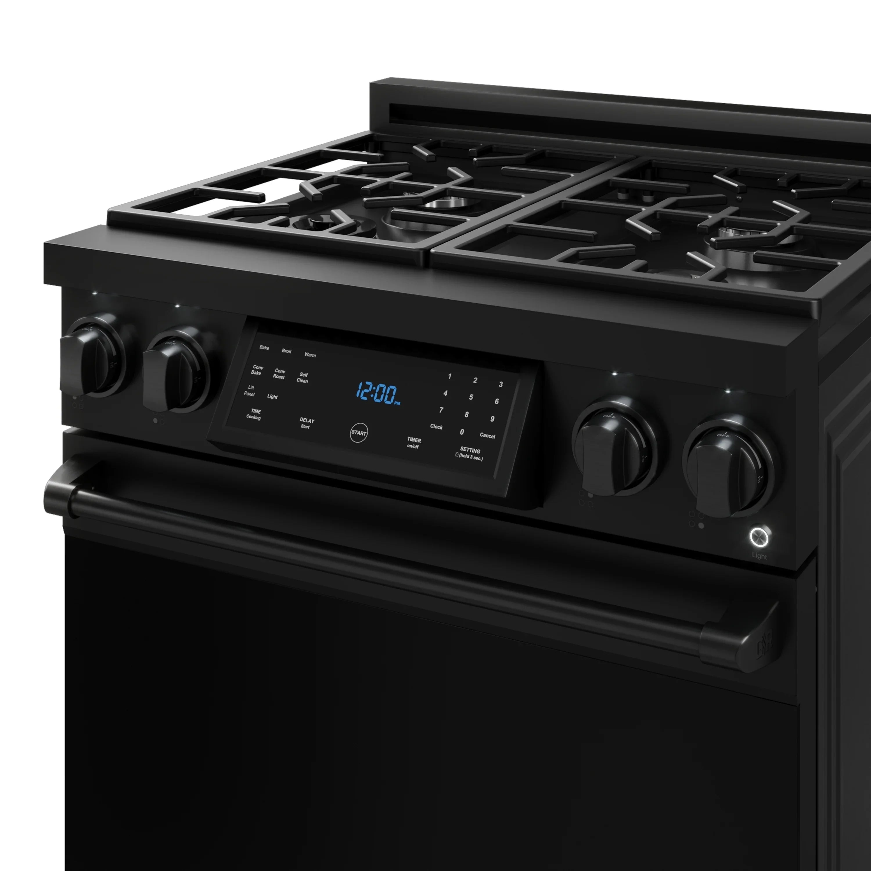 Black gas range front view with grates, digital display, and control knobs
