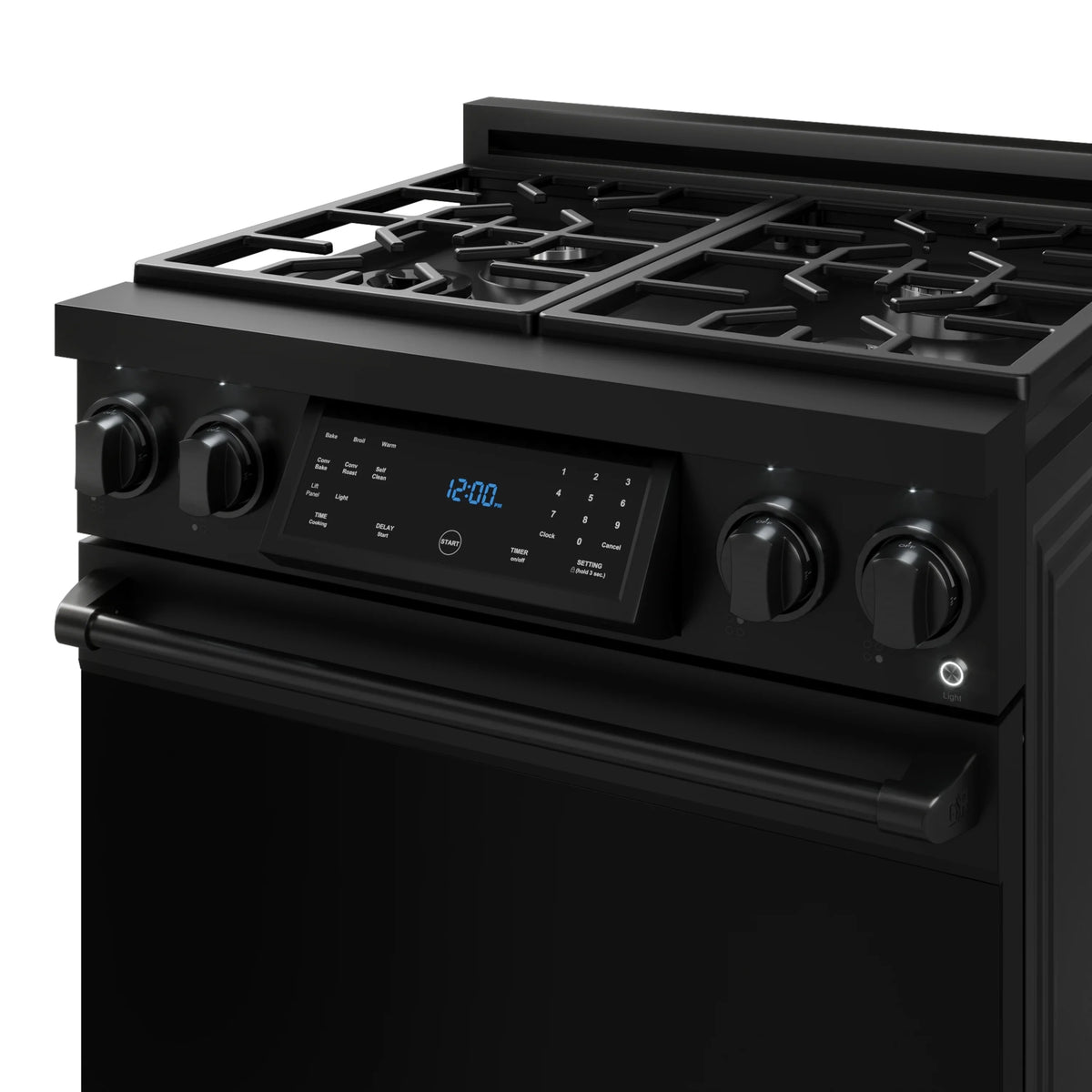 Black 30-inch propane gas range with grates, burner knobs, and digital control display