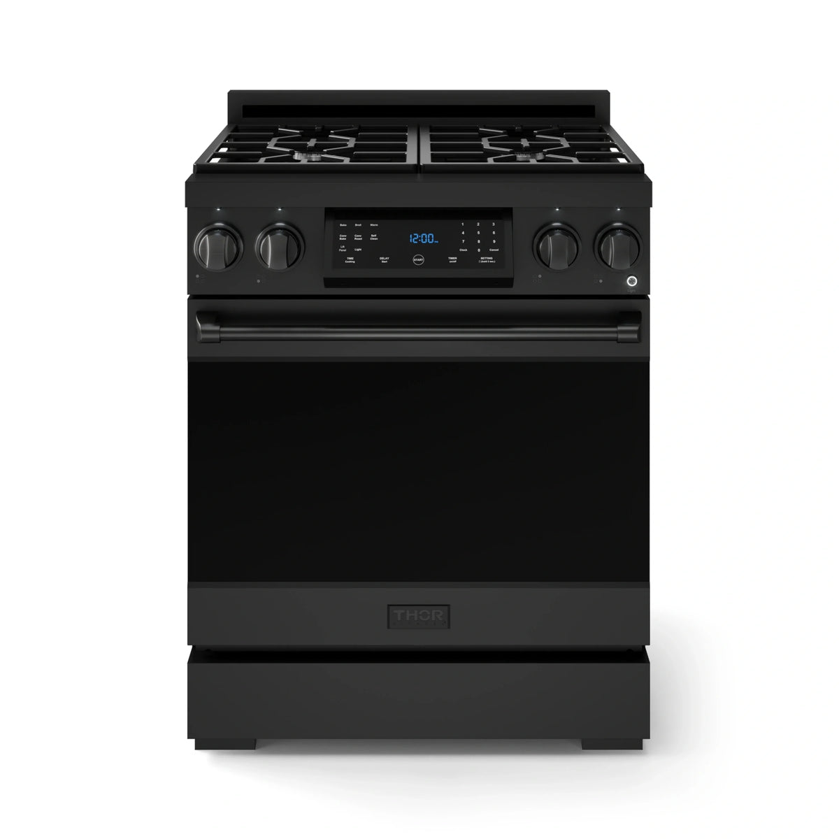 Black freestanding gas range with burner grates and front control panel