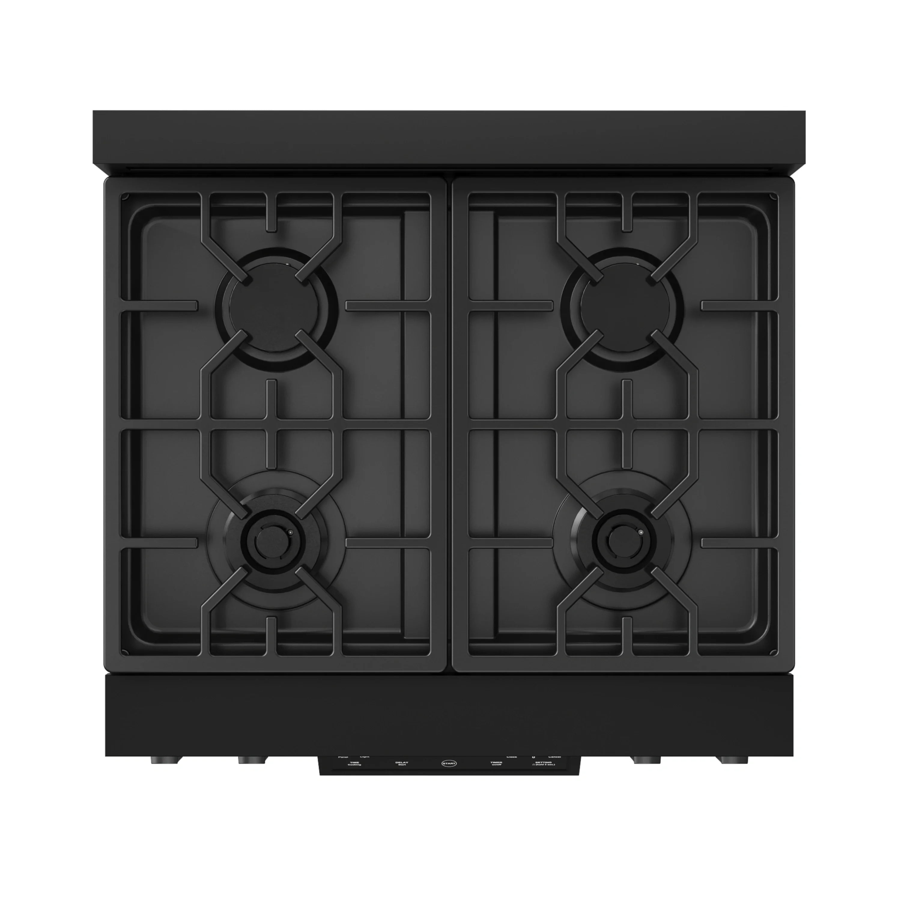 Black gas range cooktop with four recessed burner grates
