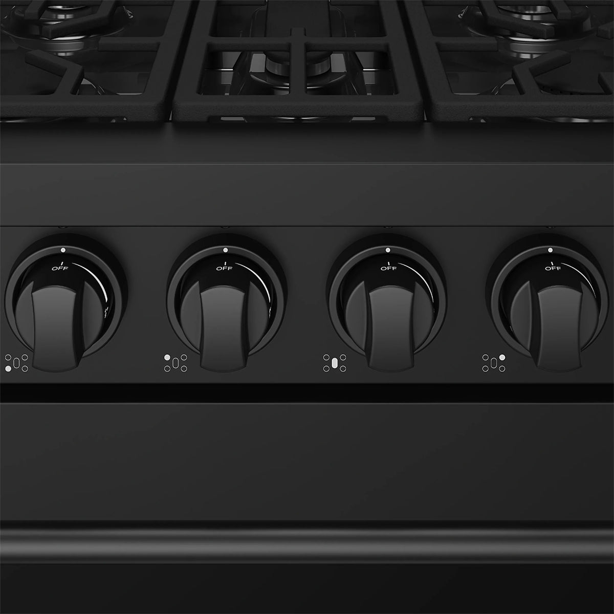 Black gas range control panel with four burner knobs