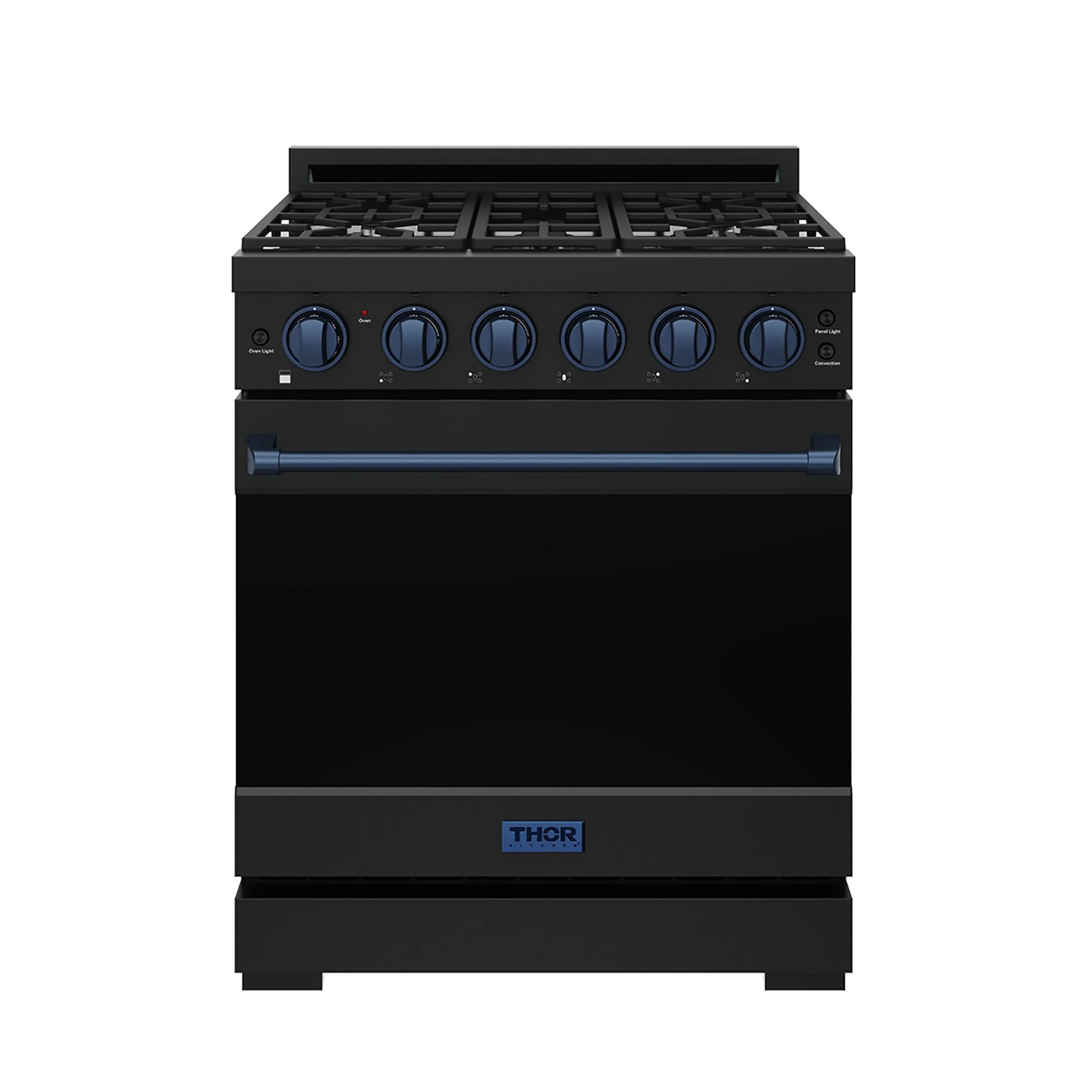 Black propane gas range with blue trim and control knobs.