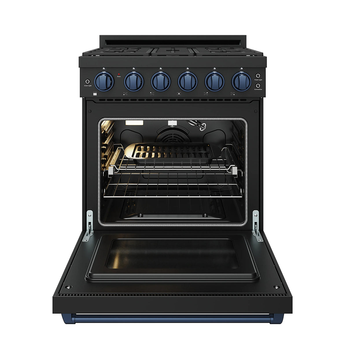Black propane gas range oven door open with racks and warm oven interior