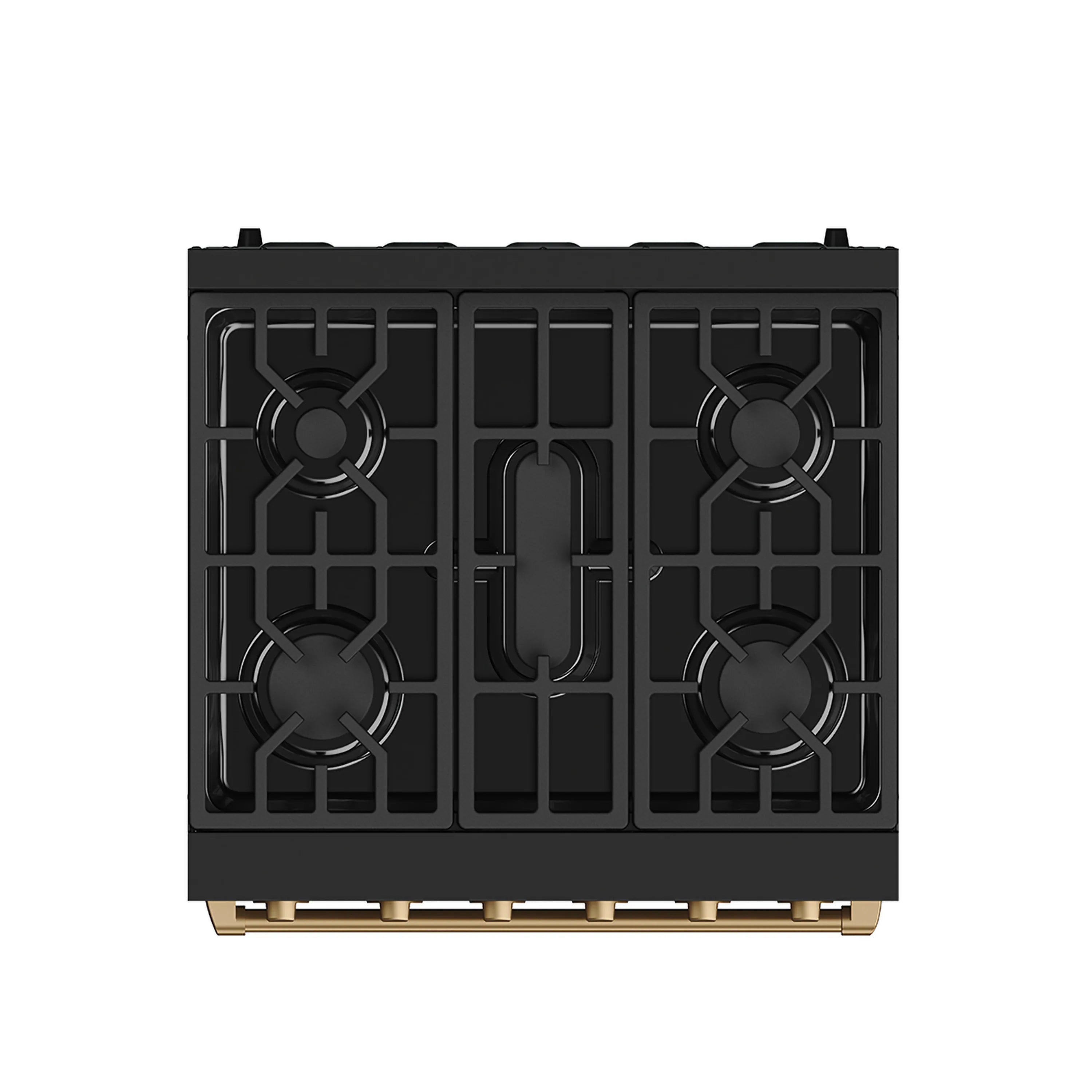 Black gas cooktop with four burners and bronze grates on top