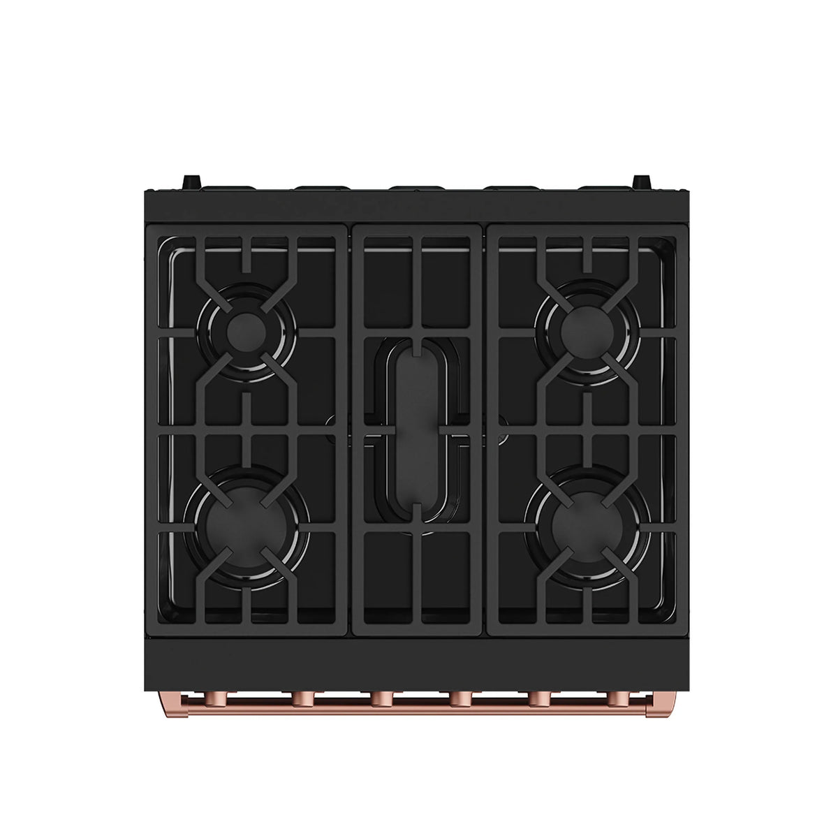 Black gas range cooktop with four burners and rose-gold control trim
