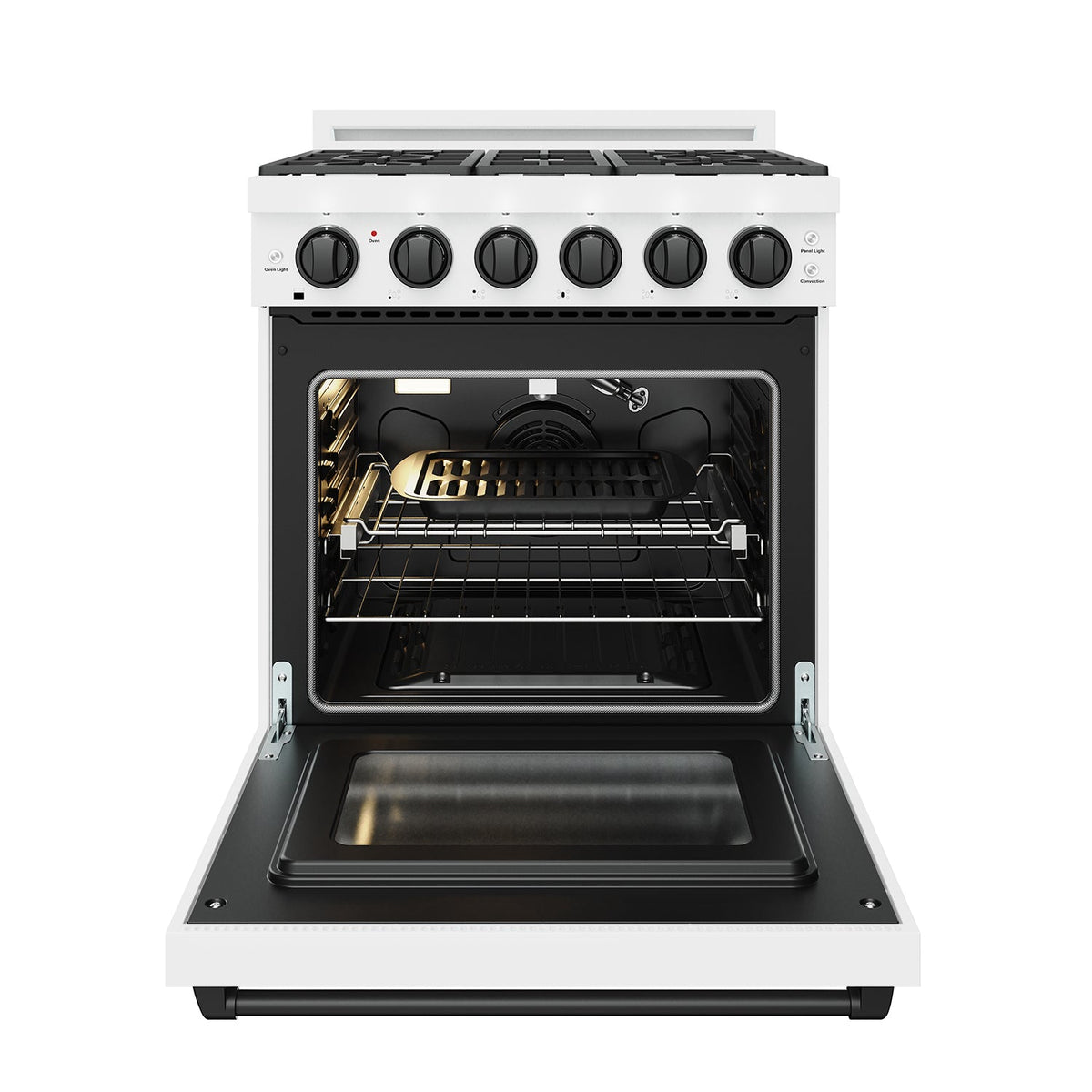 White 30-inch professional gas range with black hardware, oven door open with grill pan