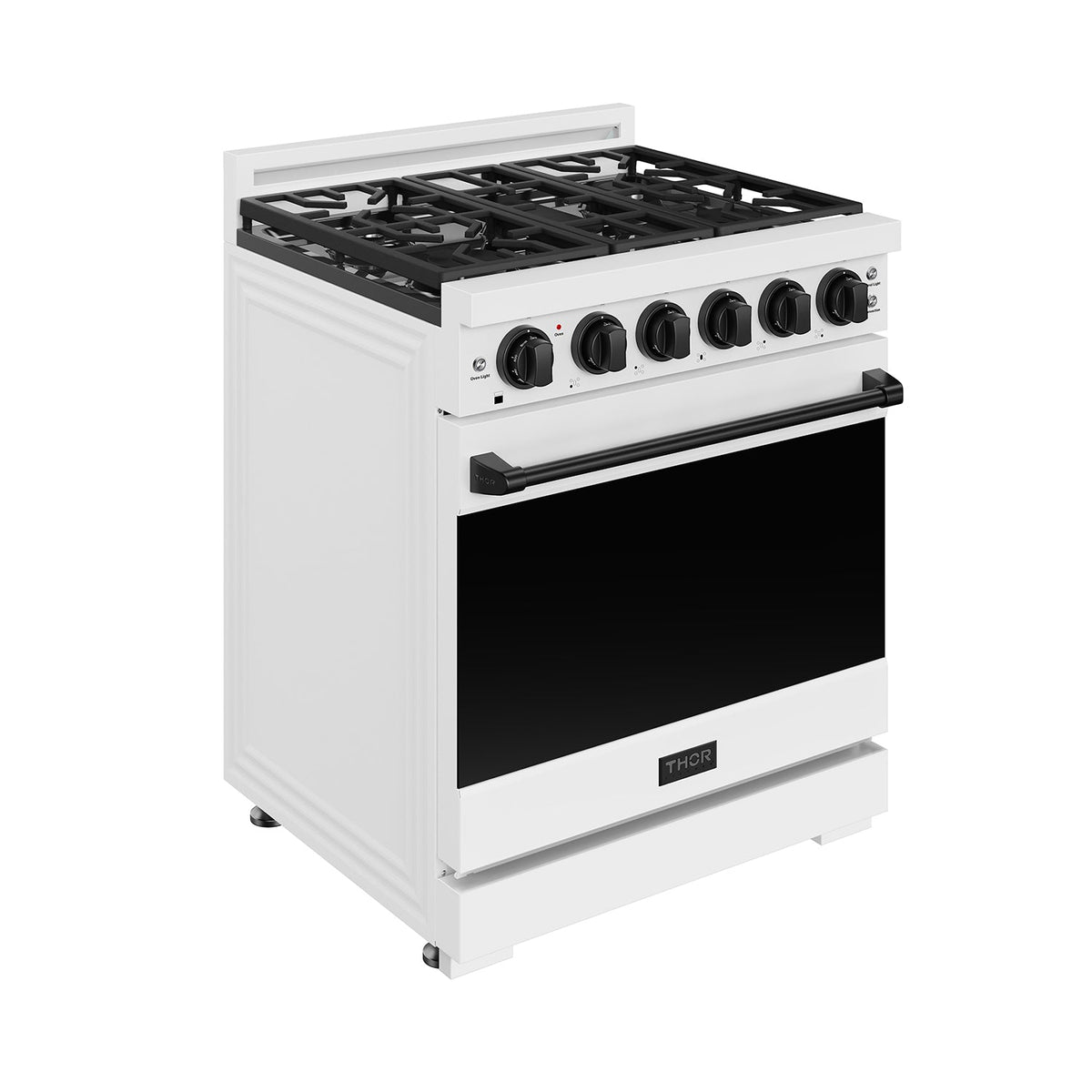 White 30-inch professional propane range with black hardware, front-left view