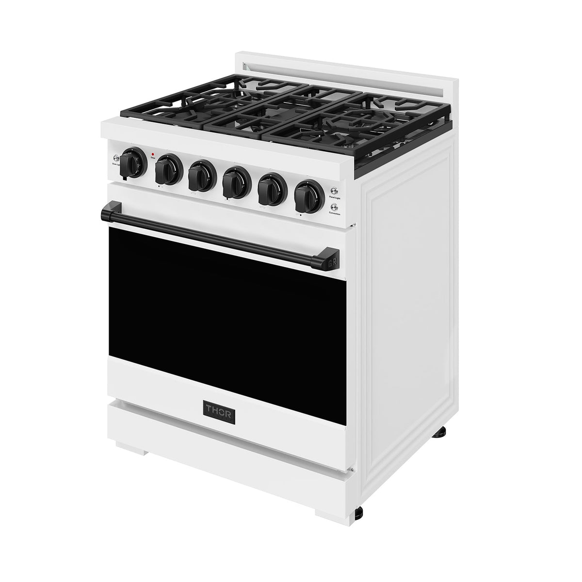 White 30-inch professional gas range with black hardware, front-right view