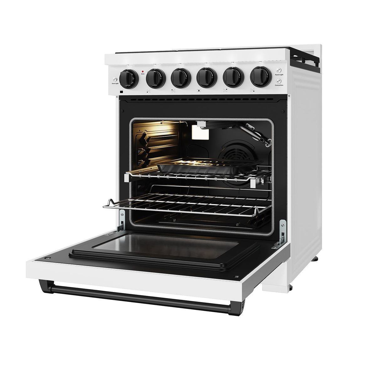 White 30-inch professional propane range with black hardware, front-right view, door open