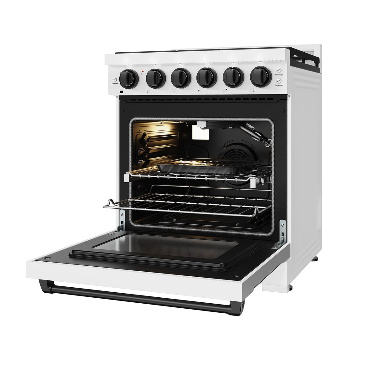 White 30-inch professional propane range with black hardware, front-right view, door open