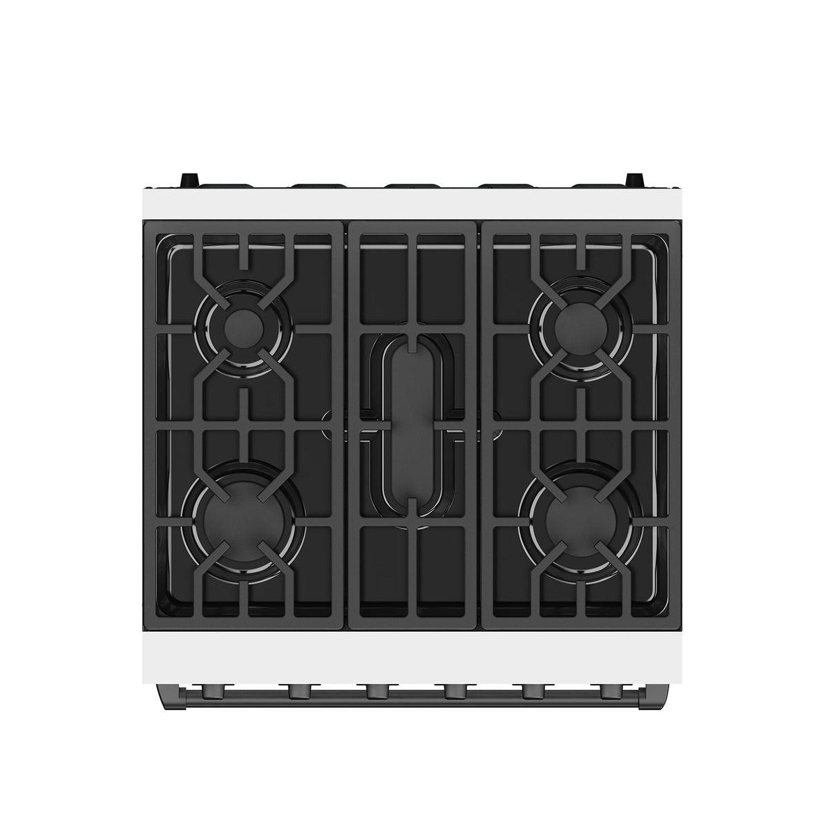 White 30-inch professional gas range with black hardware, top view of the cooktop