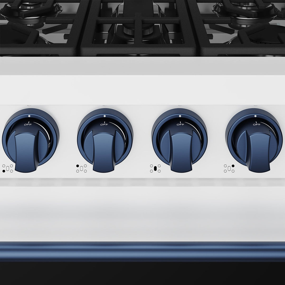 White 30-inch professional gas range with blue hardware, close-up of blue knobs and handle