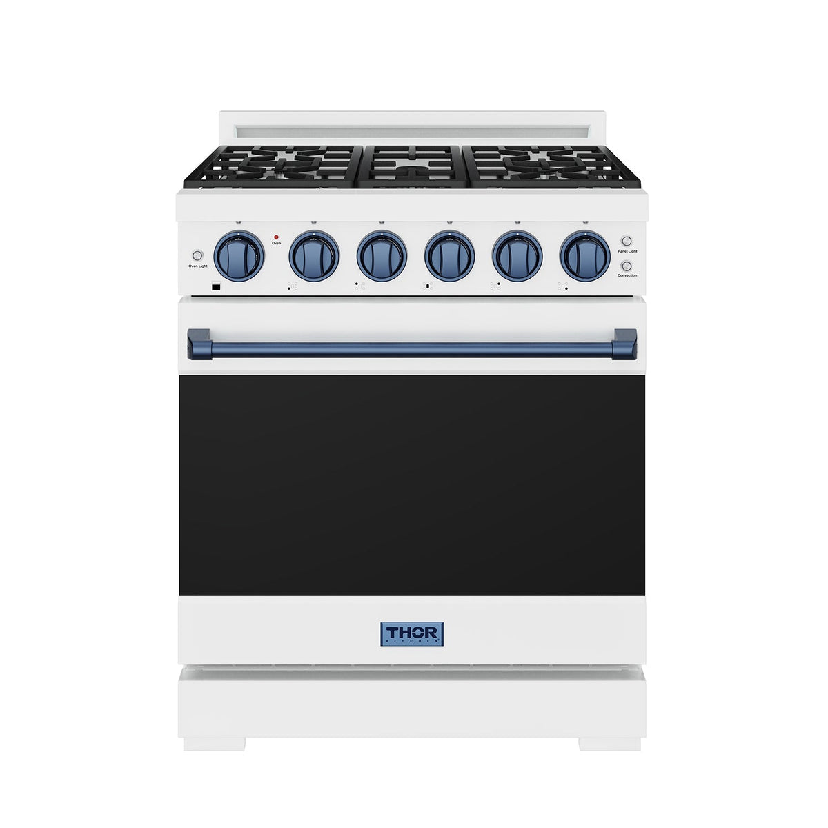 White 30-inch professional propane range with blue hardware, front view, door closed
