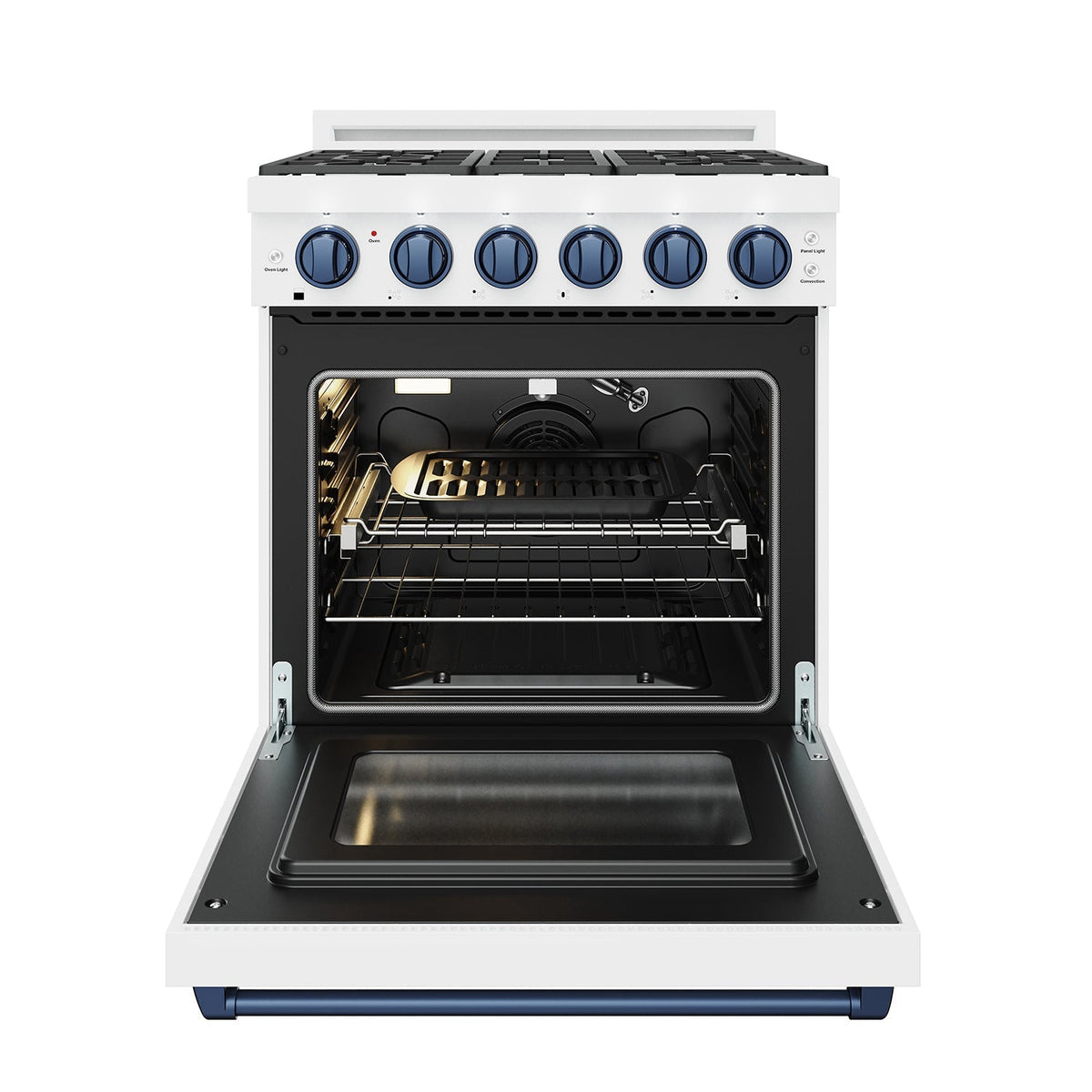 White 30-inch professional propane range with blue hardware, oven door open with grill pan