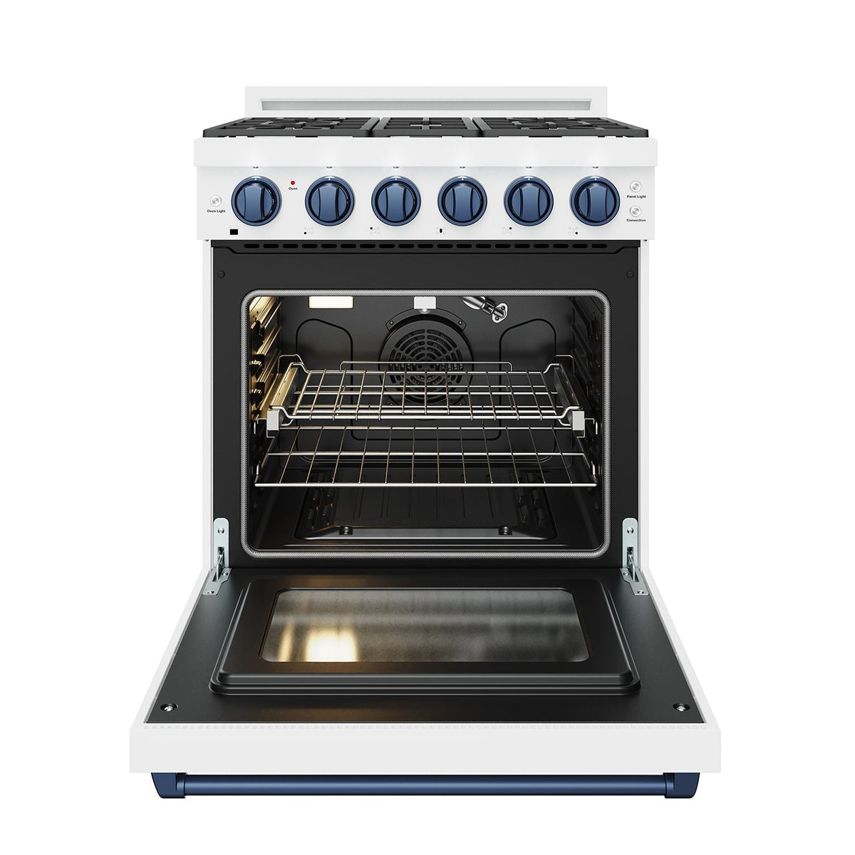White 30-inch professional gas range with blue hardware, oven door open