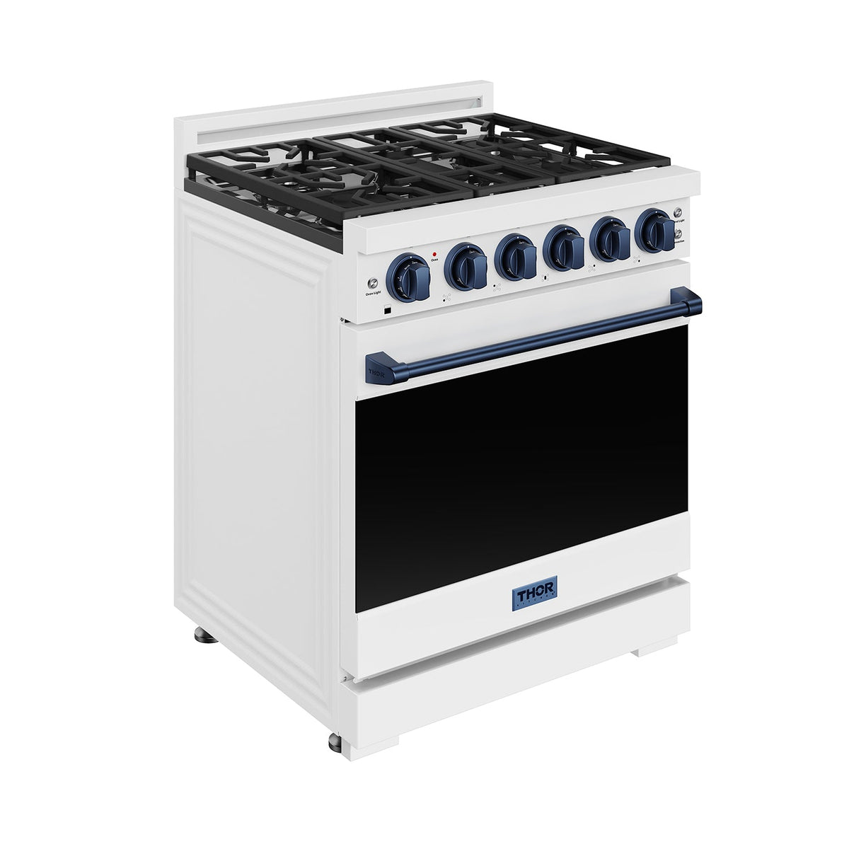 White 30-inch professional propane range with blue hardware, front-left view