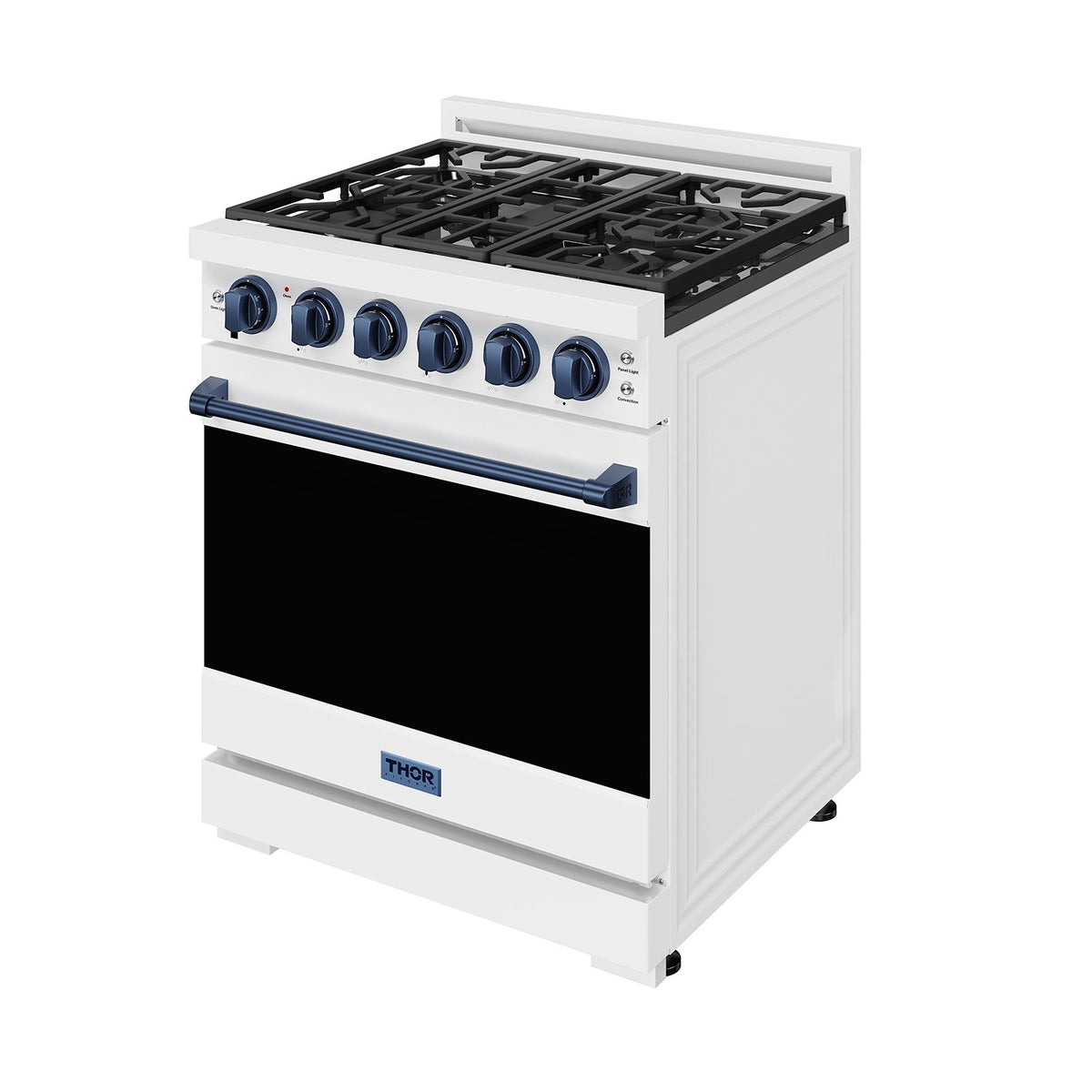 White 30-inch professional gas range with blue hardware, front-right view