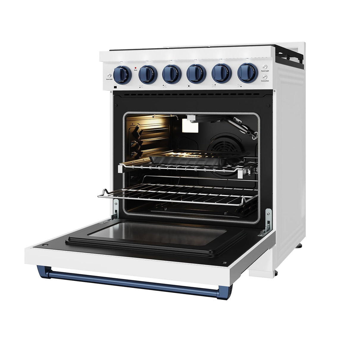 White 30-inch professional propane range with blue hardware, front-right view, door open