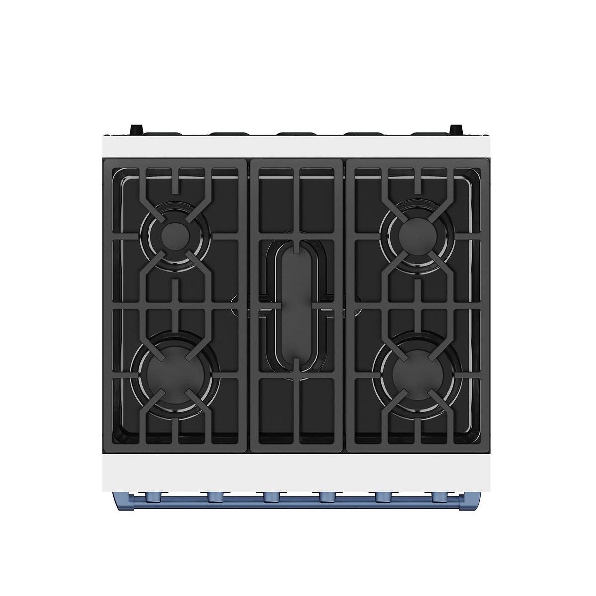 White 30-inch professional gas range with blue hardware, top view of the cooktop