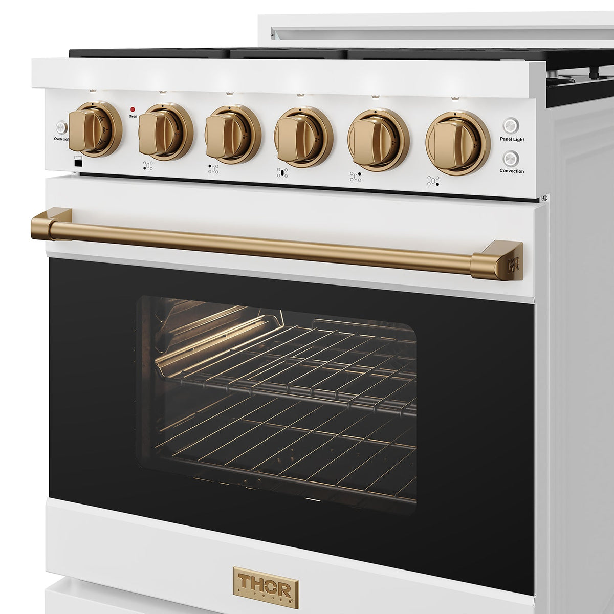 White 30-inch professional gas range with bronze hardware, close-up of the oven door