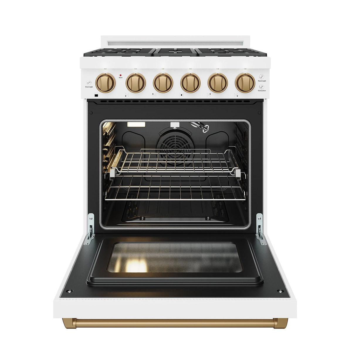 White 30-inch professional propane range with bronze hardware, oven door open