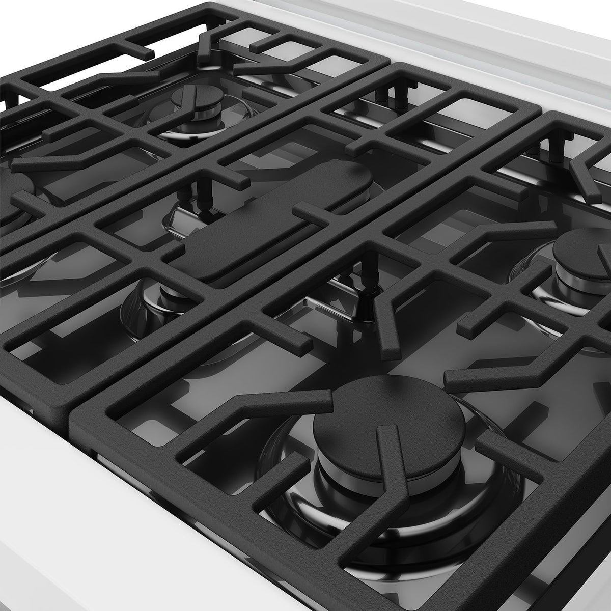 White 30-inch professional gas range with black hardware, rsg30pw.close-up of cooktop
