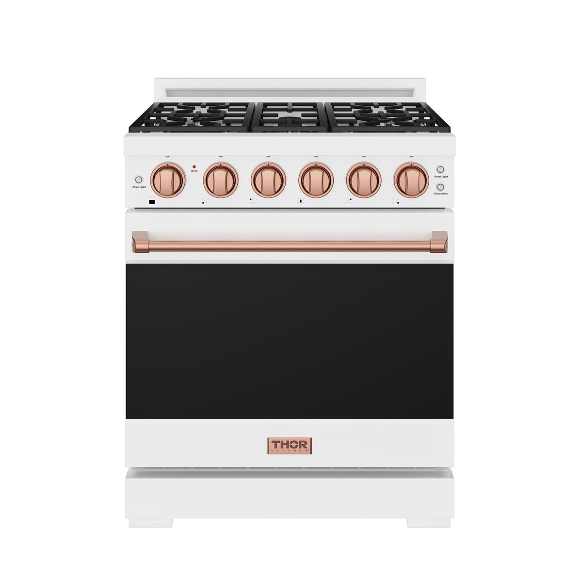 White 30-inch professional propane range with rose gold hardware, front-door closed