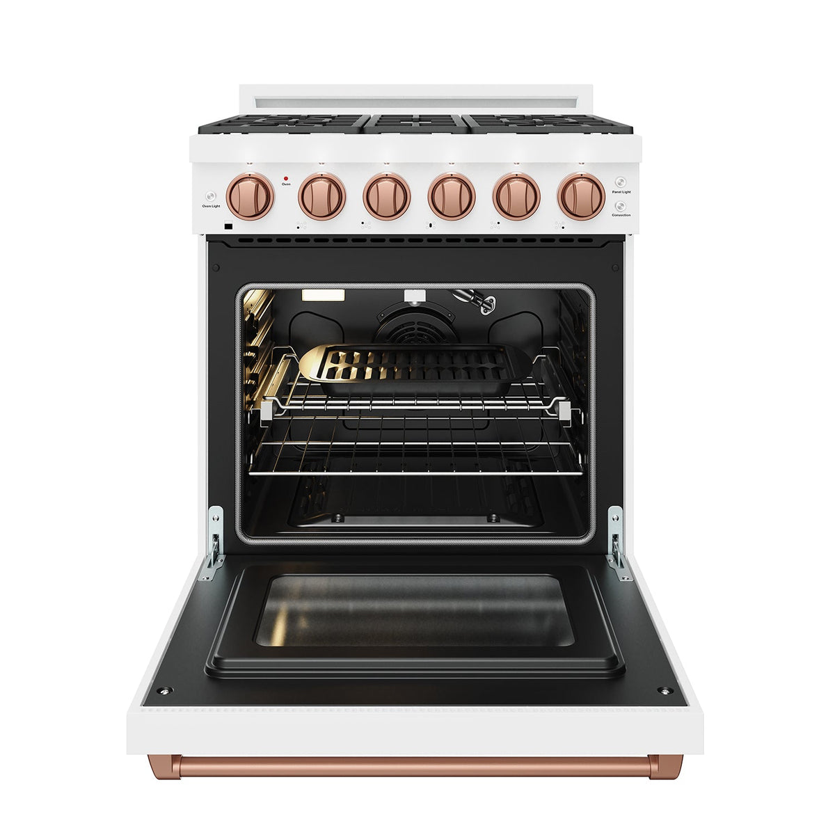 White 30-inch professional gas range with rose gold hardware, front-door open- with grill pan