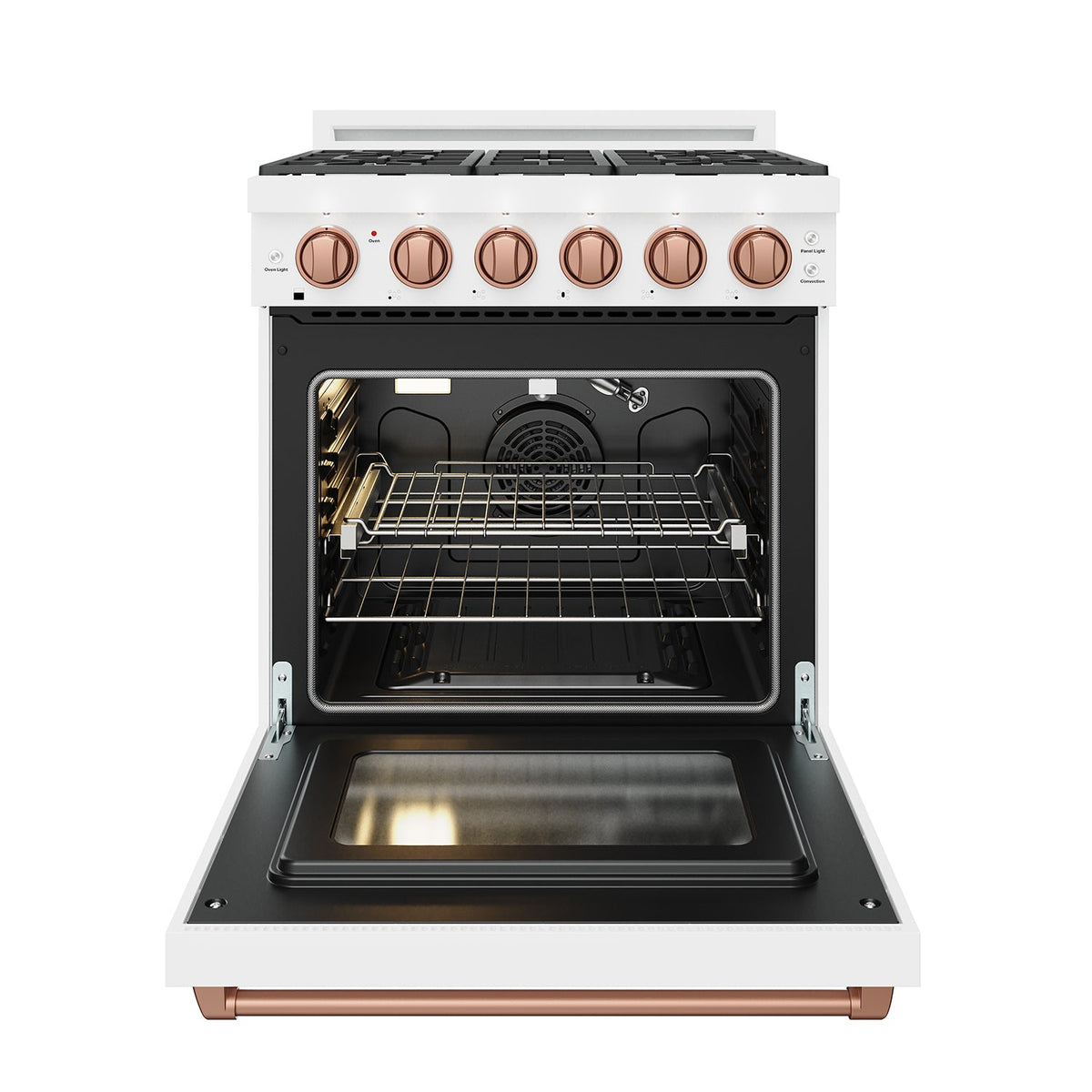 White 30-inch professional gas range with rose gold hardware, front-door open