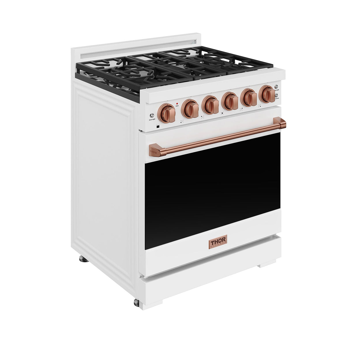 White 30-inch professional gas range with rose gold hardware, front-left side-closed