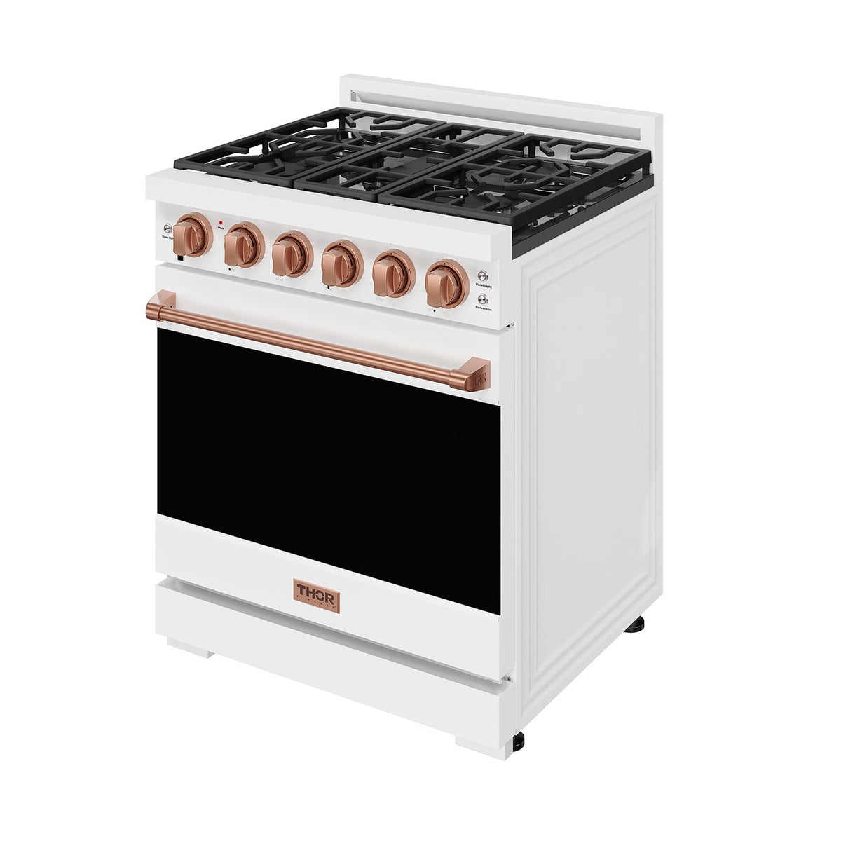 White 30-inch professional gas range with rose gold hardware, front-right side-closed