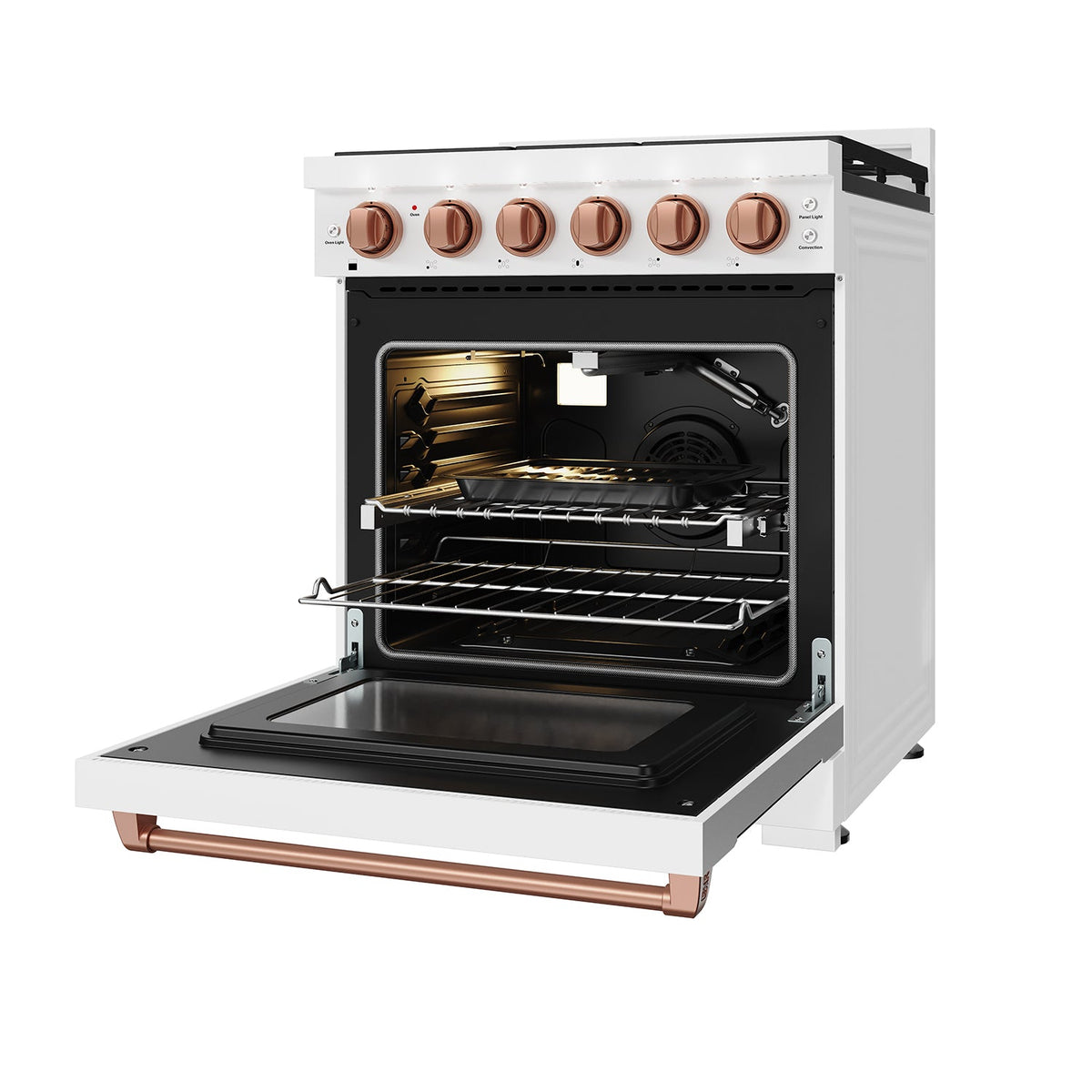 White 30-inch professional gas range with rose gold hardware, front-right side-open