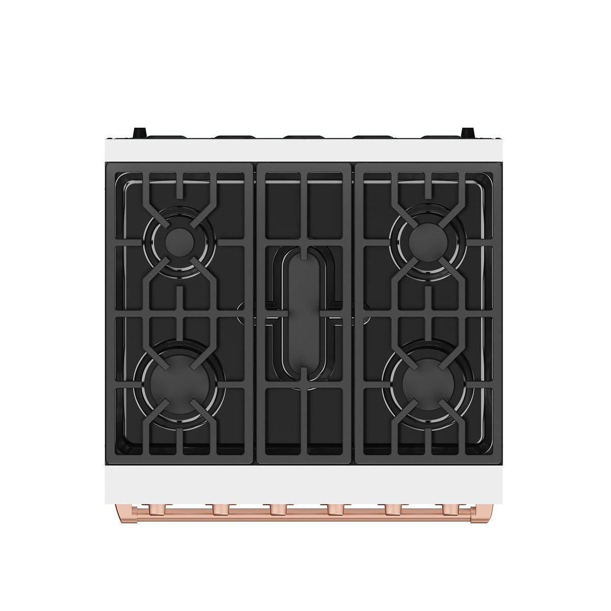 White 30-inch professional gas range with rose gold hardware, top view