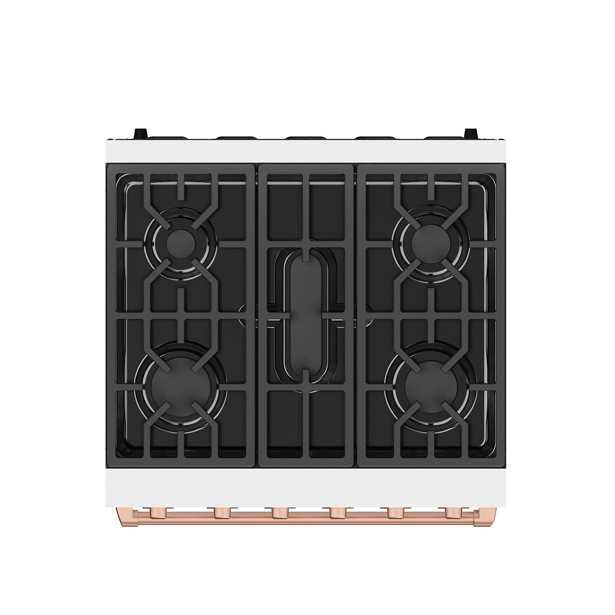 White 30-inch professional propane range with rose gold hardware, rsg30pw.rose gold.top view