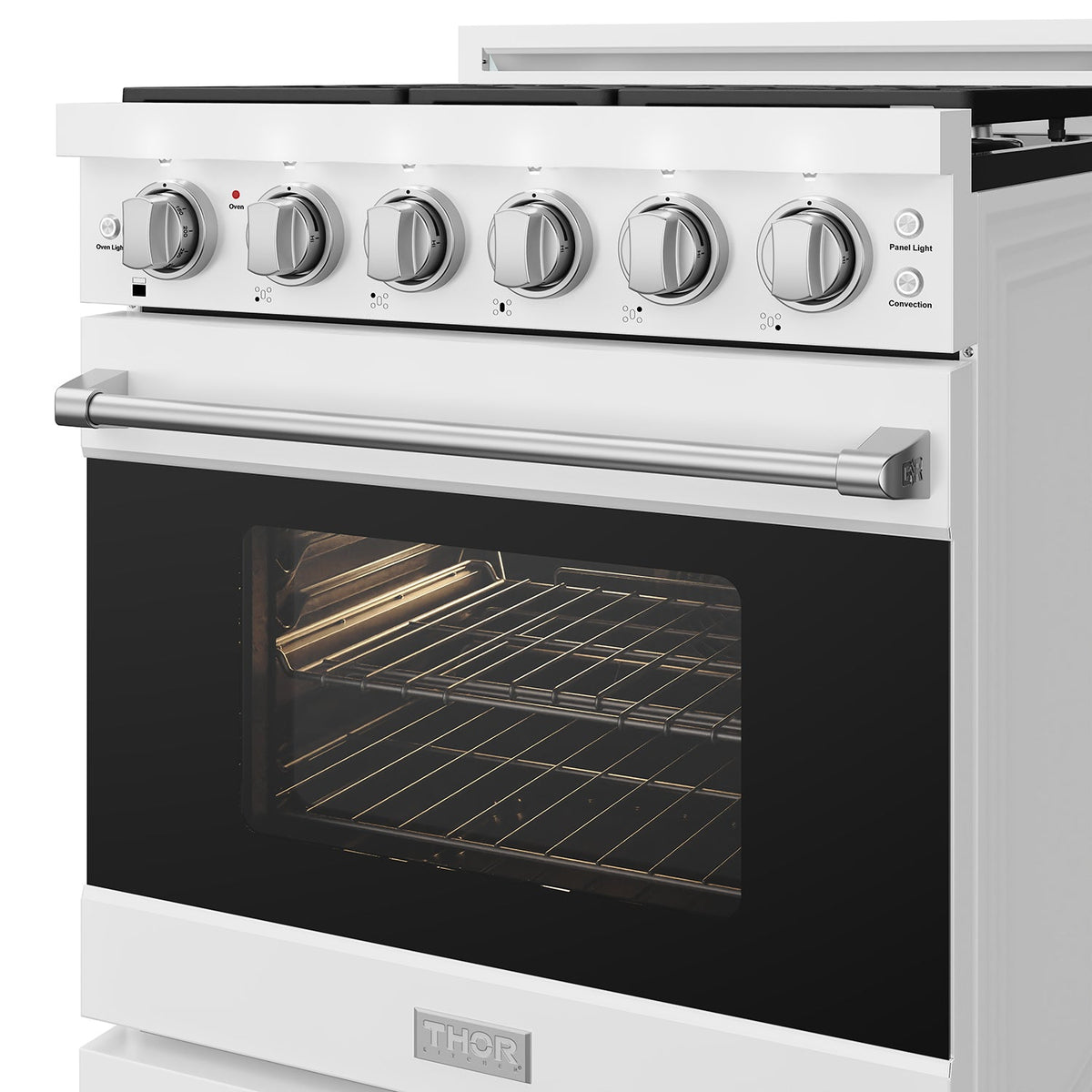 White 30-inch professional gas range with stainless steel hardware, close-up of the oven door