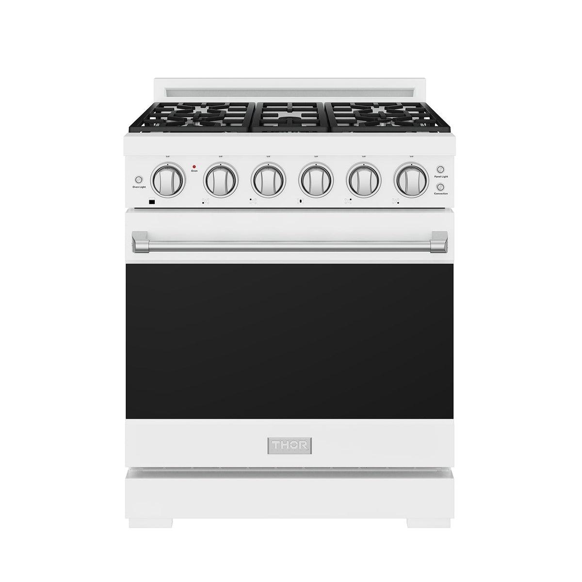 White 30-inch professional gas range with stainless steel hardware, front view, door closed
