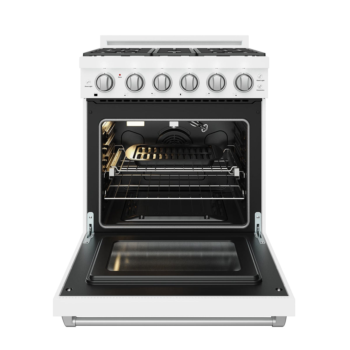 White 30-inch professional gas range with stainless steel hardware, oven door open with grill pan