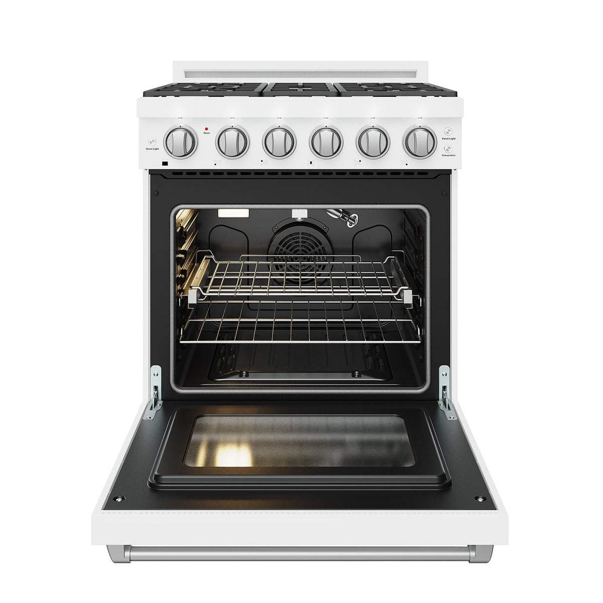 White 30-inch professional gas range with stainless steel hardware, oven door open