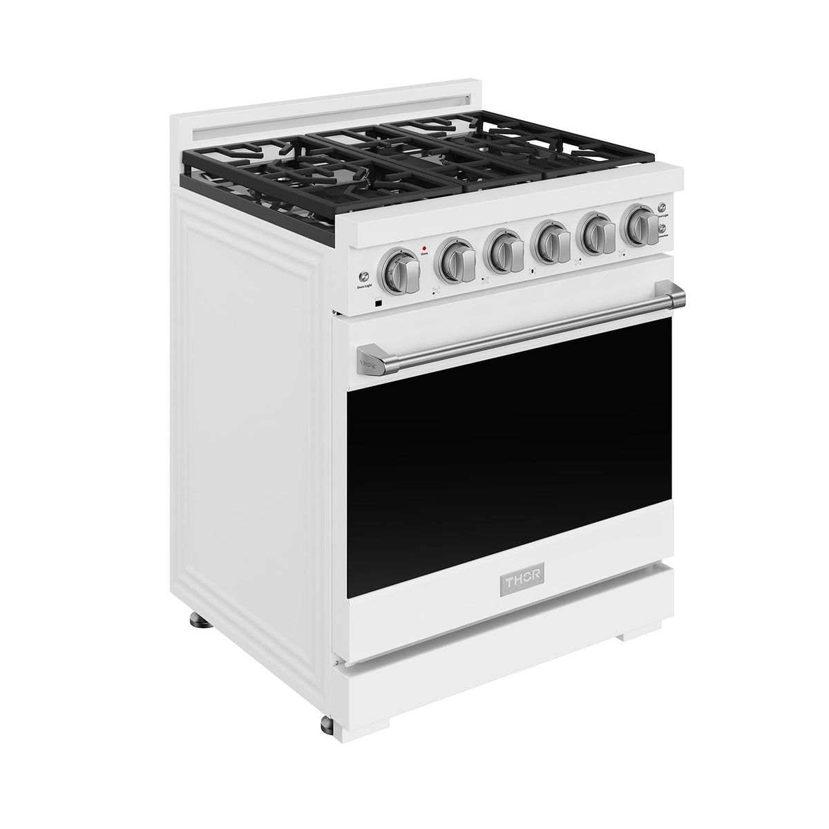 White 30-inch professional gas range with stainless steel hardware, front-left view
