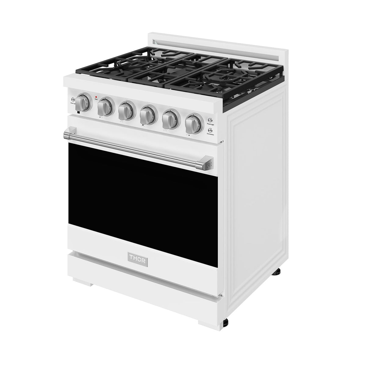 White 30-inch professional gas range with stainless steel hardware, front-right view