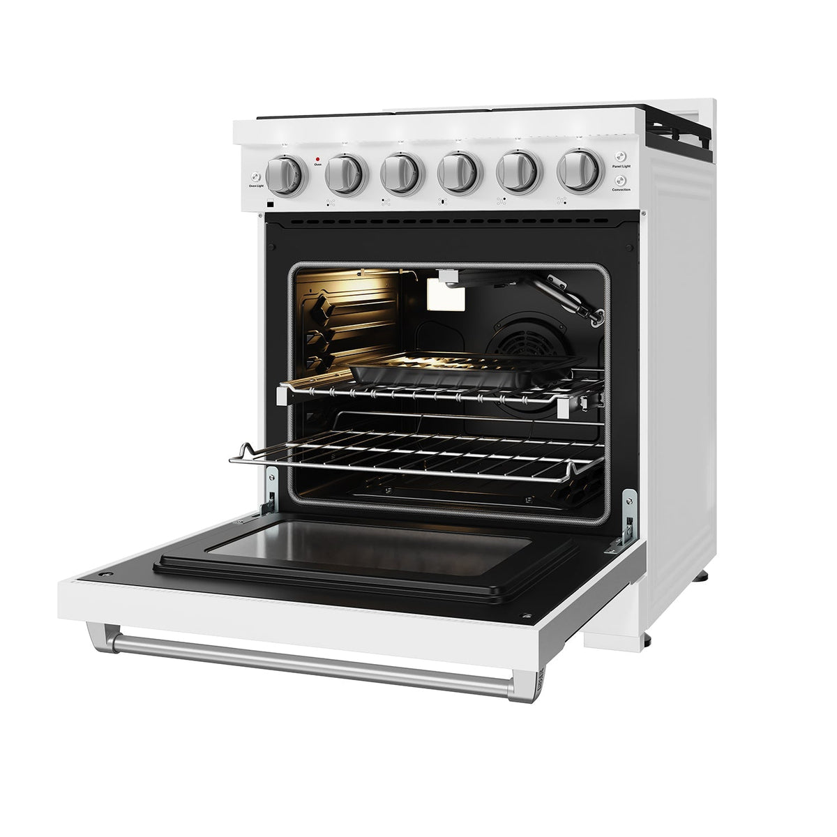 White 30-inch professional propane range with stainless steel hardware, front-right view, door open