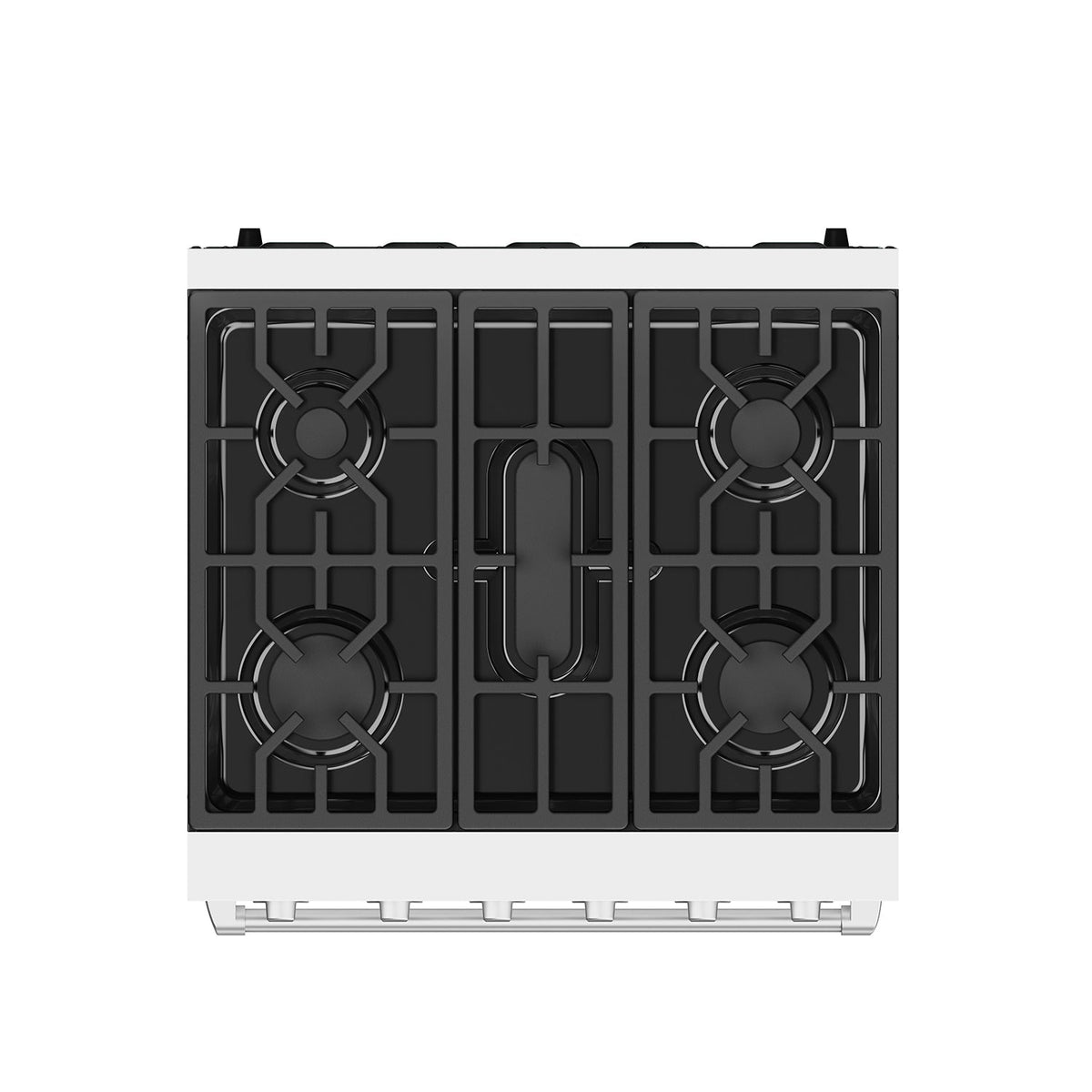 White 30-inch professional gas range with stainless steel hardware, top view of the cooktop