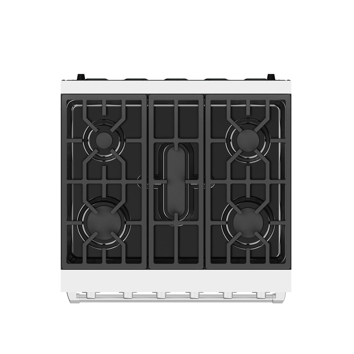 White 30-inch professional gas range with stainless steel hardware, top view of the cooktop