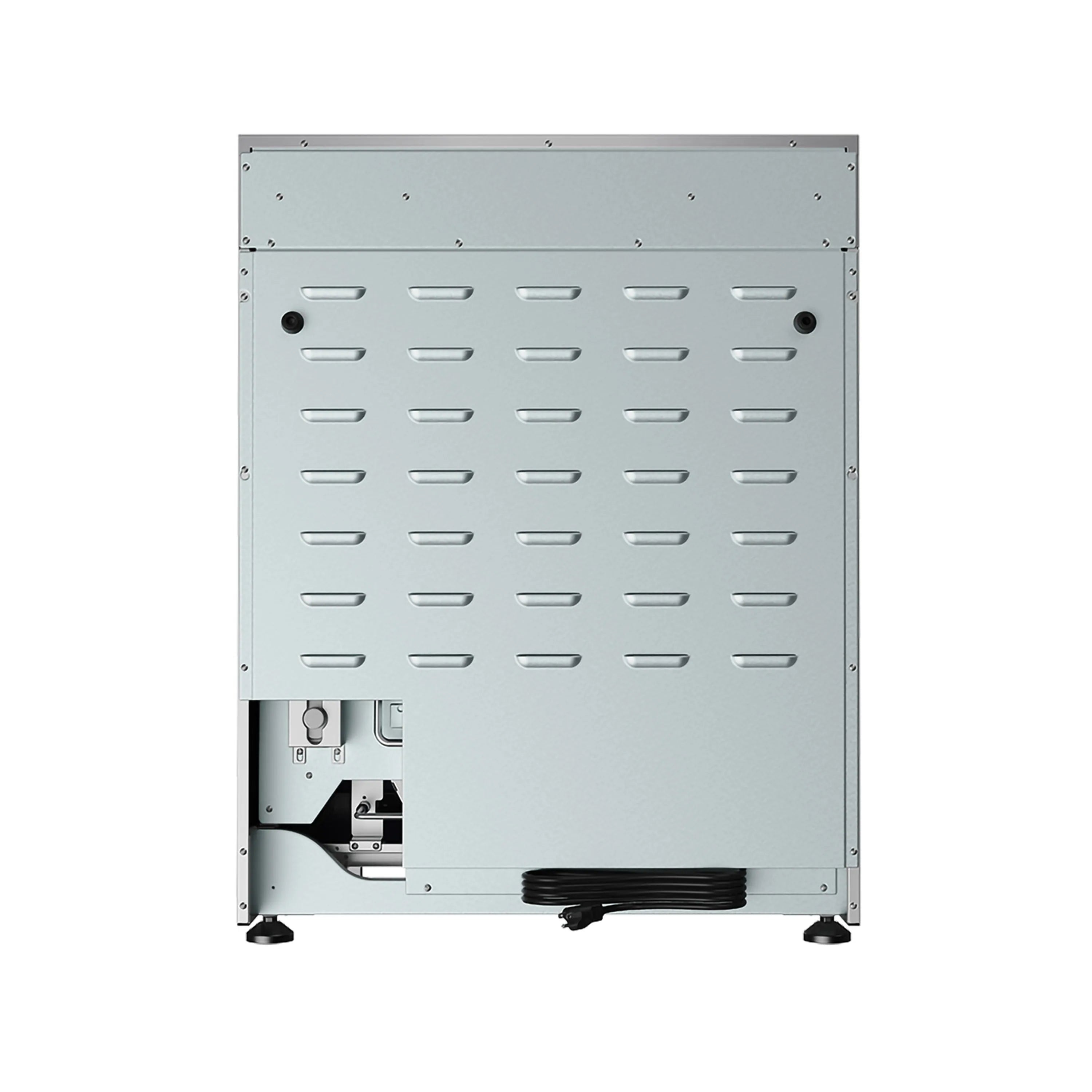 Stainless steel gas range back panel with service access opening and vented cover