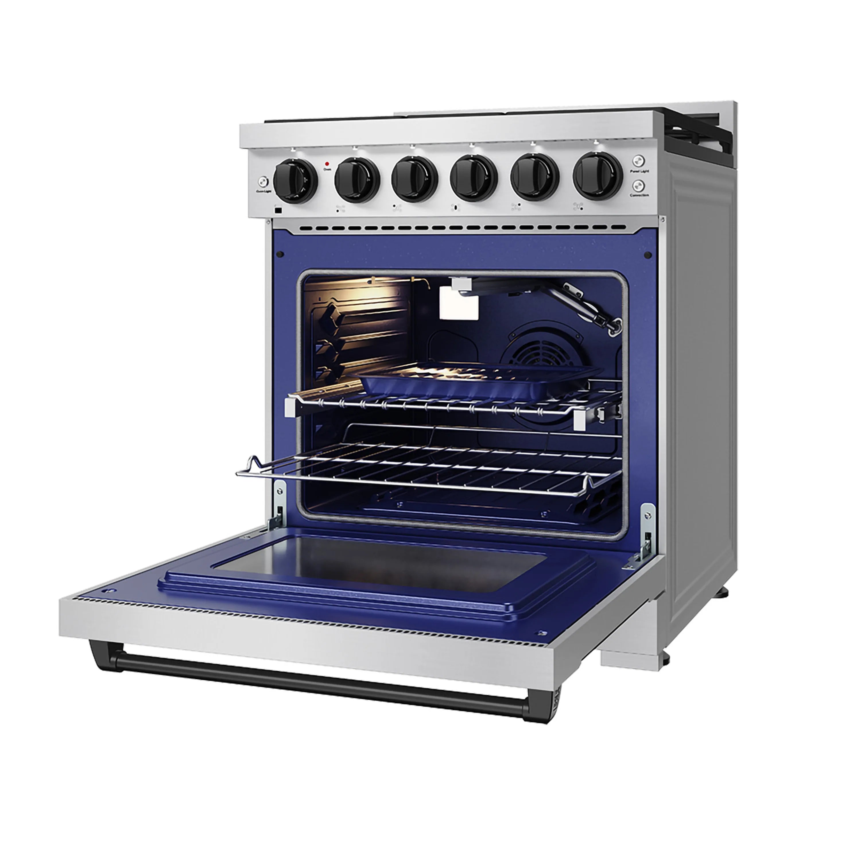 Stainless steel gas range oven door open with racks and fan inside