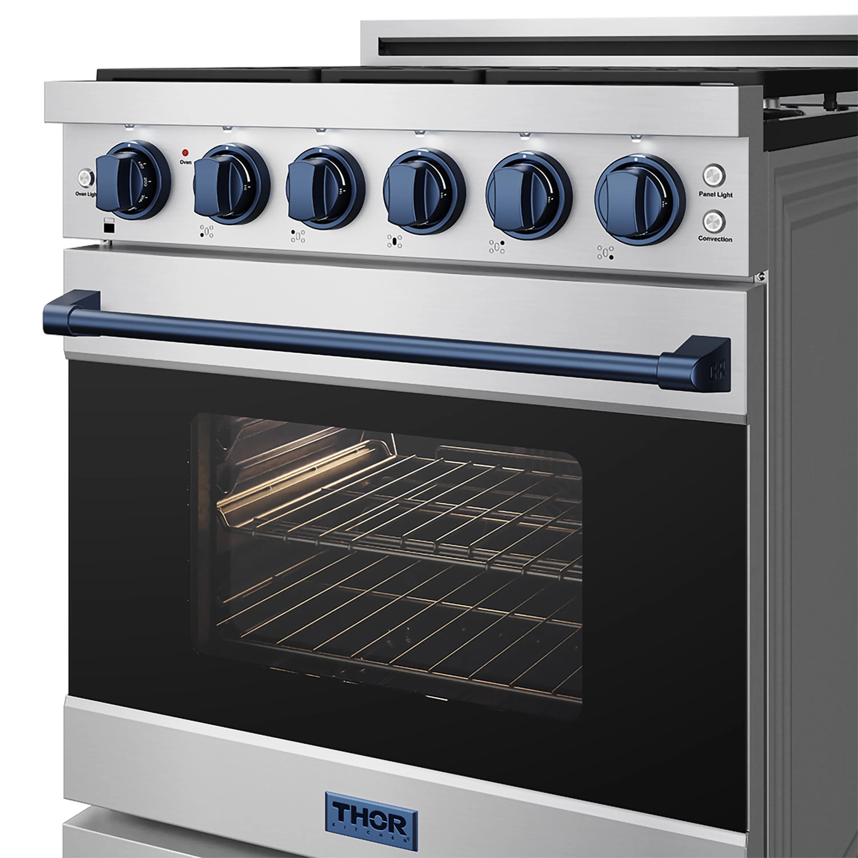 Stainless steel 30-inch gas range with open oven door and five blue control knobs.